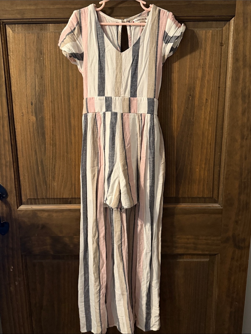Girls' Pink, White & Blue Striped Casual Jumpsuit